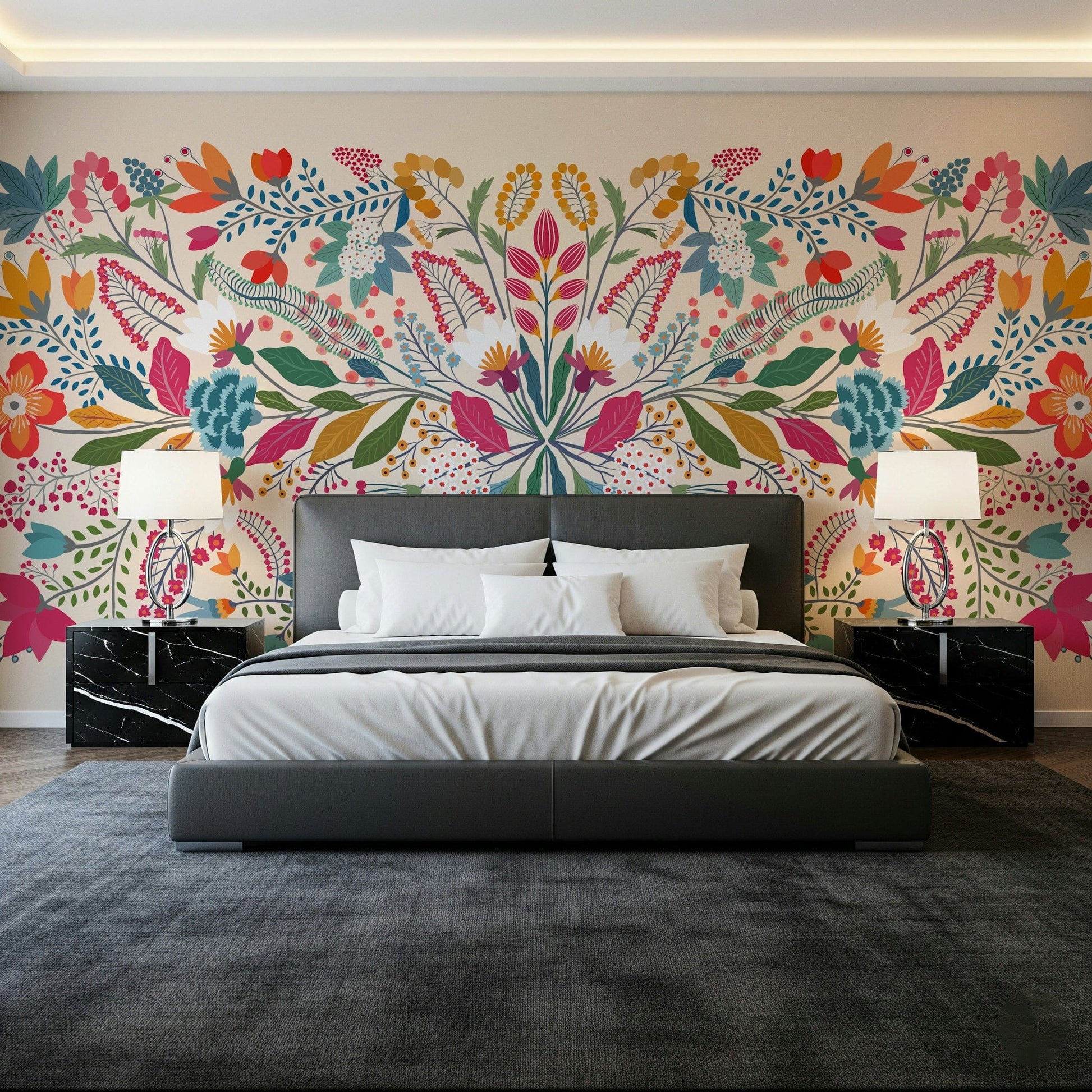 Frida's Garden wallpaper mural behind a dark grey bed with black marble nightstands in a bedroom