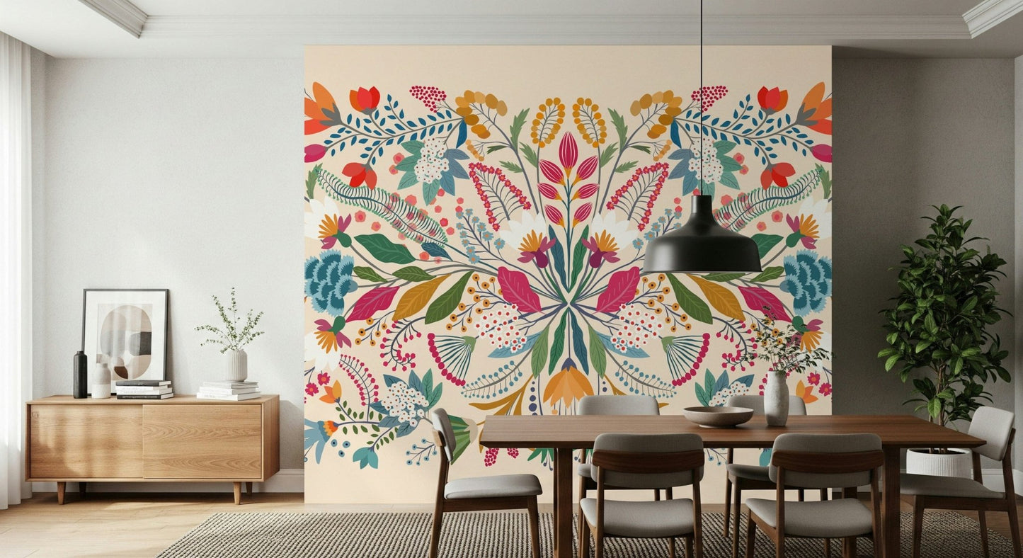 Frida's Garden wallpaper mural in a dining room with a walnut table, chairs and black pendant light