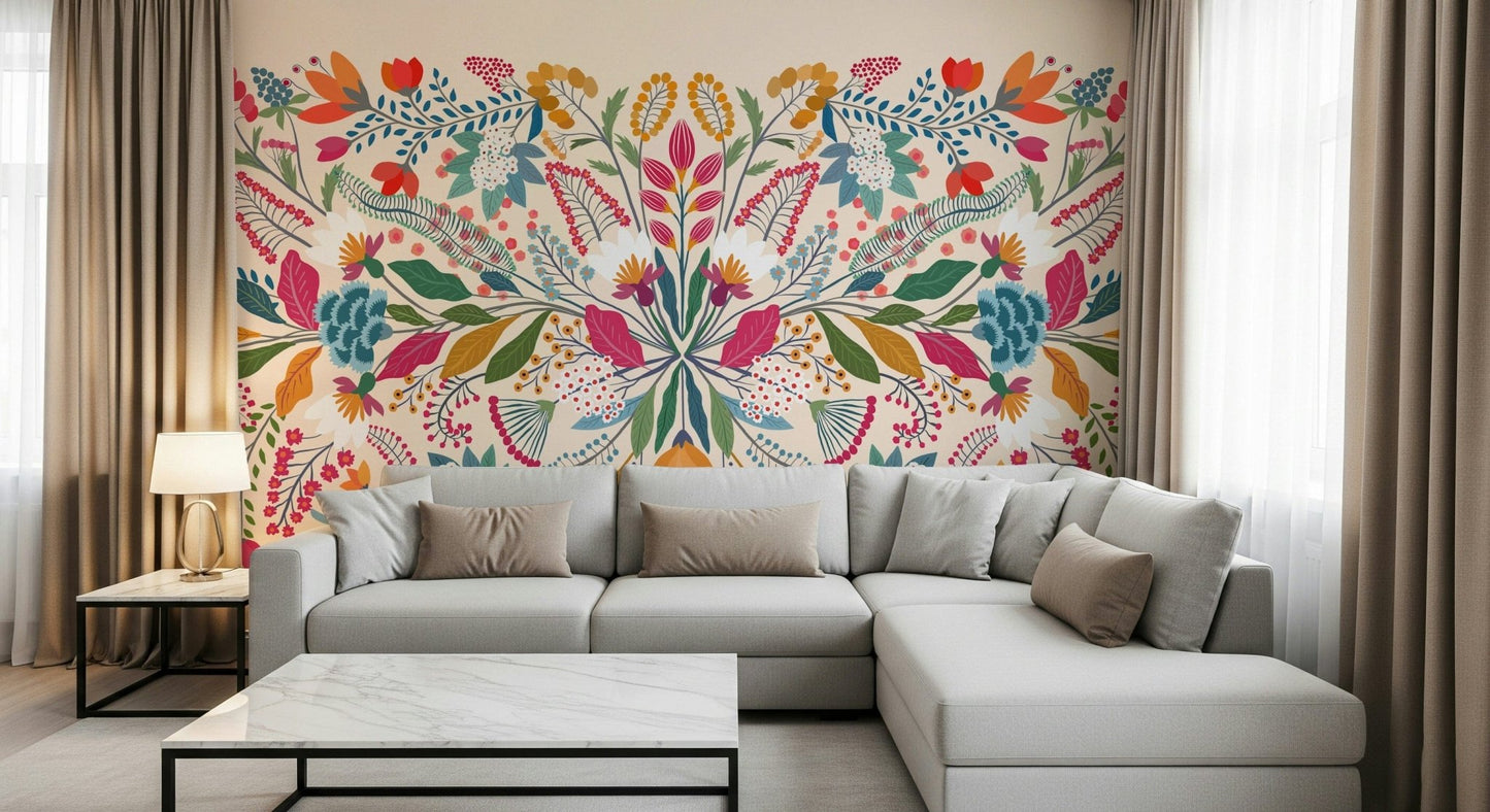 Frida's Garden wallpaper mural of symmetrical folk flowers behind a grey sectional sofa in a living room