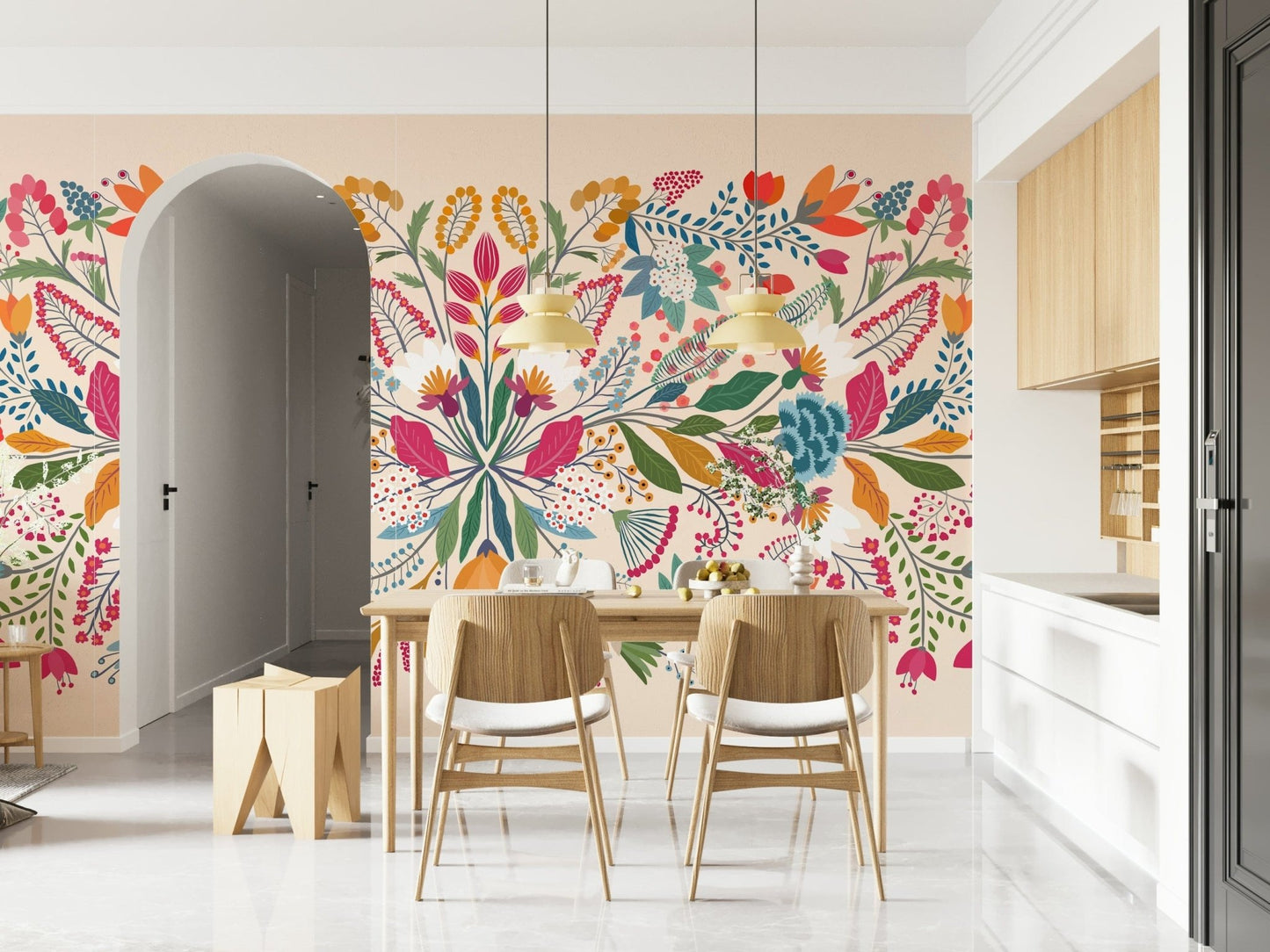 Frida's Garden wallpaper mural in a kitchen-dining area with a wood table and arched doorway