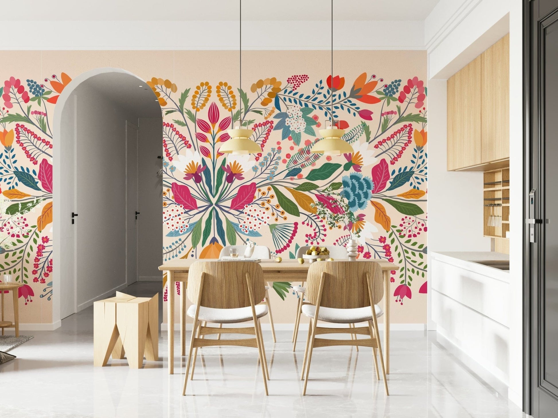 Frida's Garden wallpaper mural in a kitchen-dining area with a wood table and arched doorway