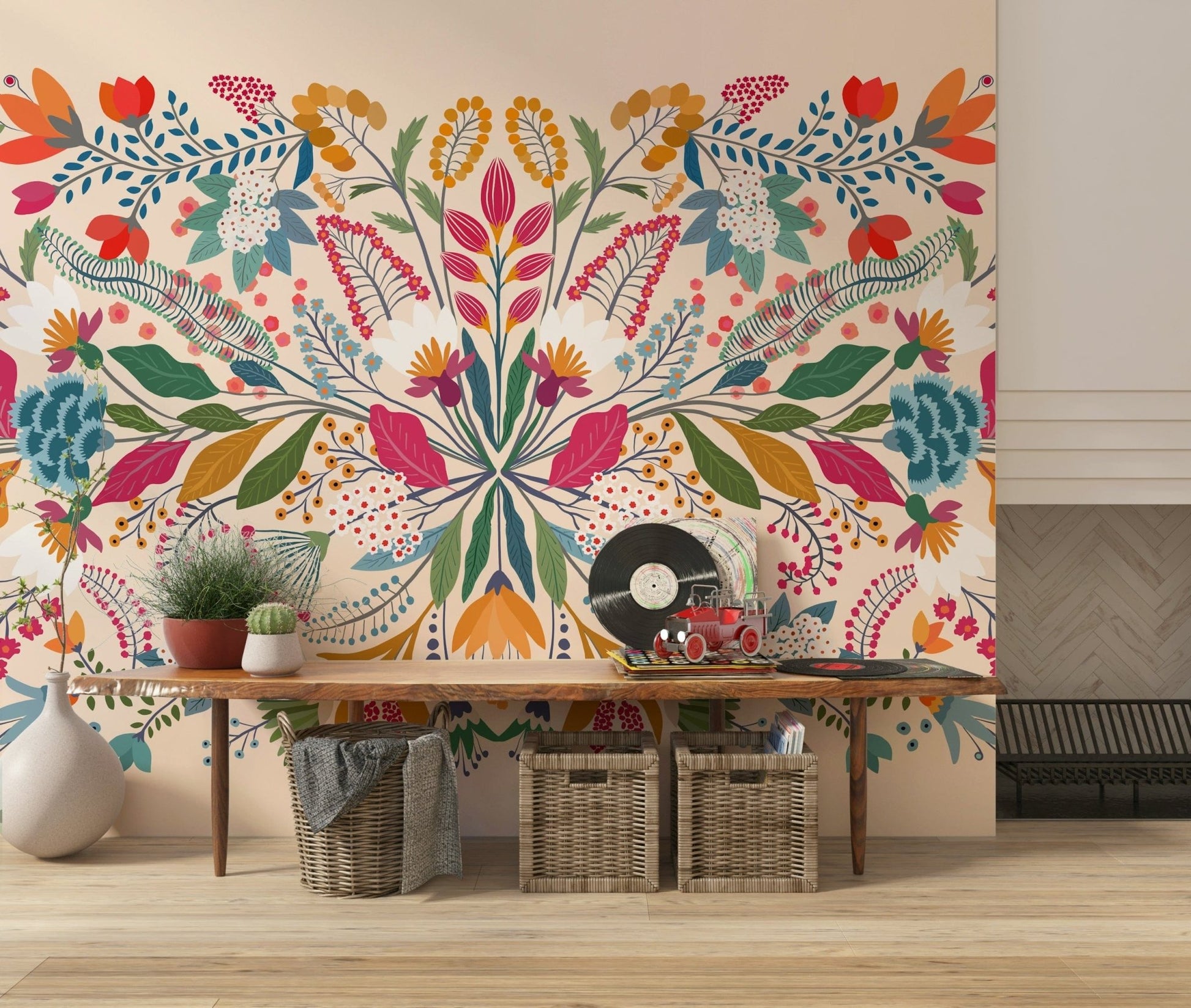 Frida's Garden wallpaper mural above a live-edge wood console with baskets in an entryway