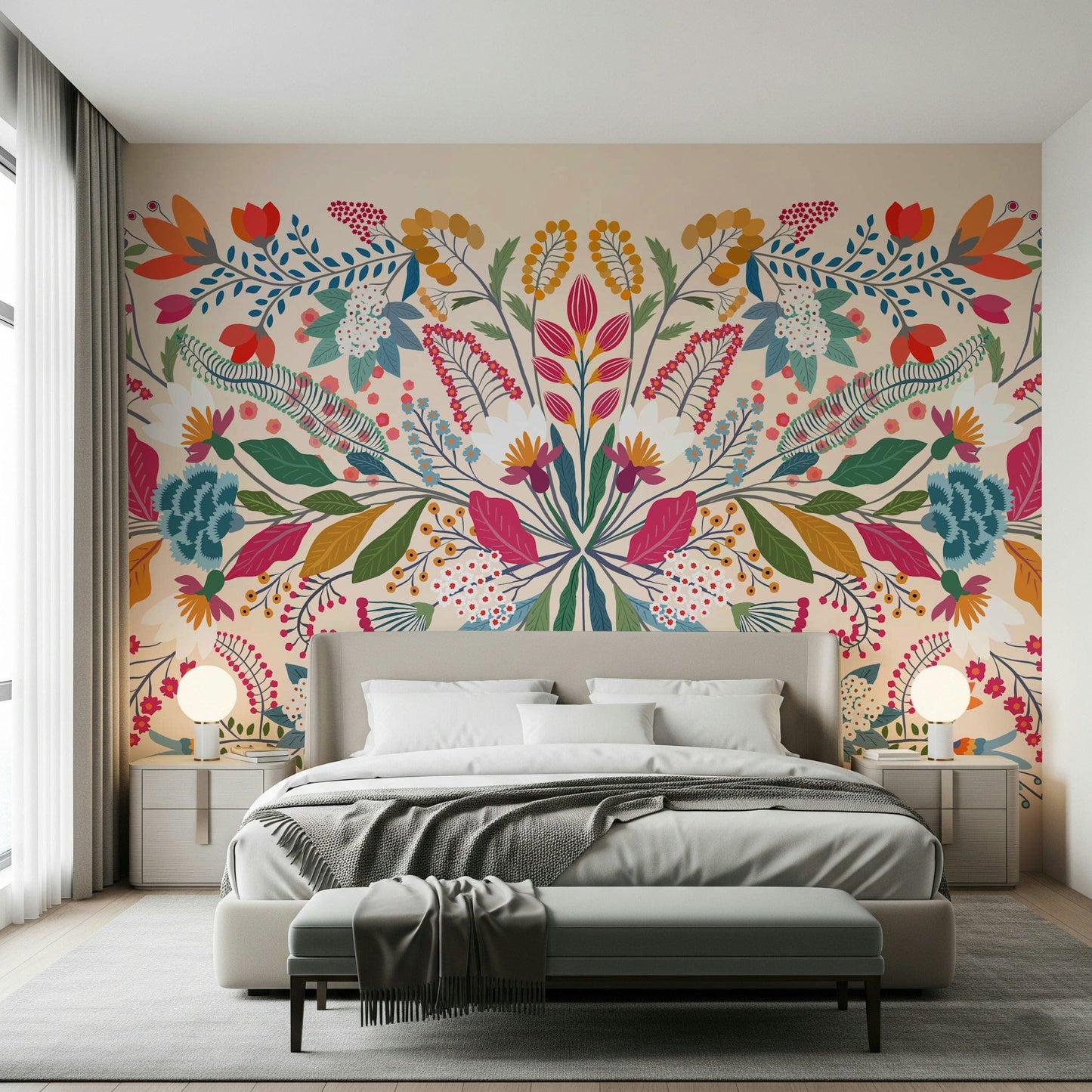 Frida's Garden wallpaper mural behind a beige bed flanked by two round globe lamps in a bedroom