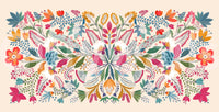 Frida's Garden wallpaper mural shown full-wall, a symmetrical folk-art bouquet on a cream ground