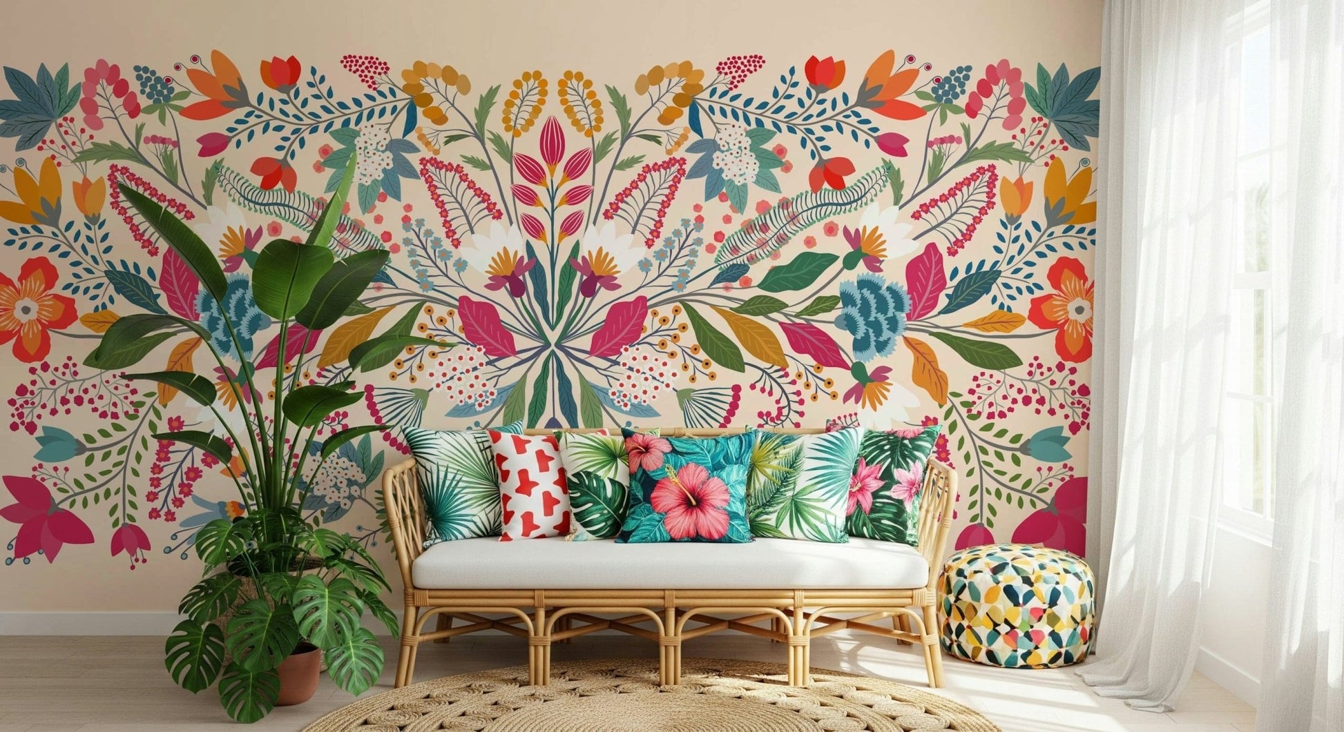 Frida's Garden wallpaper mural above a rattan bench with tropical cushions and a leafy plant