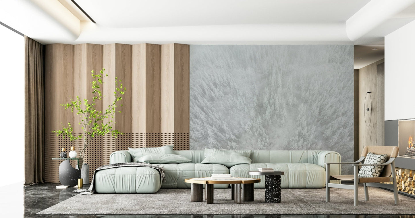 Stunning snowy pines wall covering, ethereal white tree tops, beautiful Frosted Canopy.
