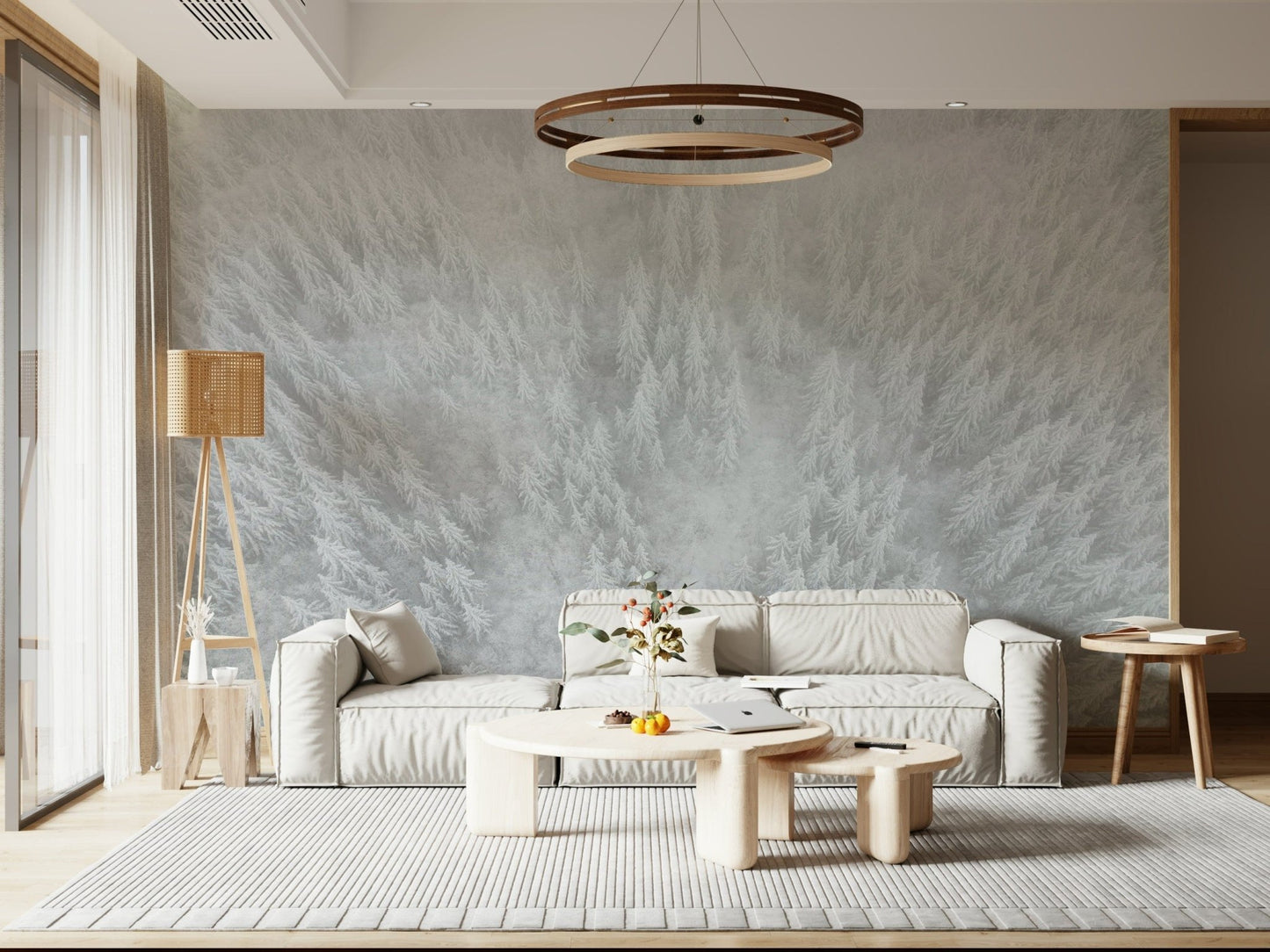 Winter scene mural, dense pine Canopy, beautiful natural wallpaper, cold aesthetic.