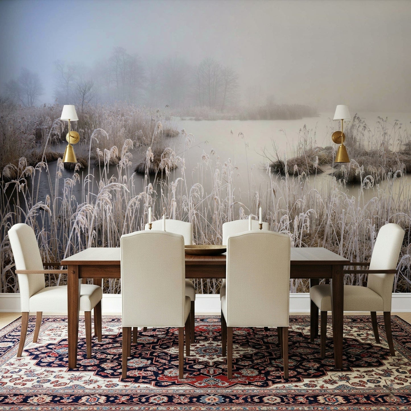 Tranquil wetland wall mural Foggy winter day, delicate frosty grasses, silent view.