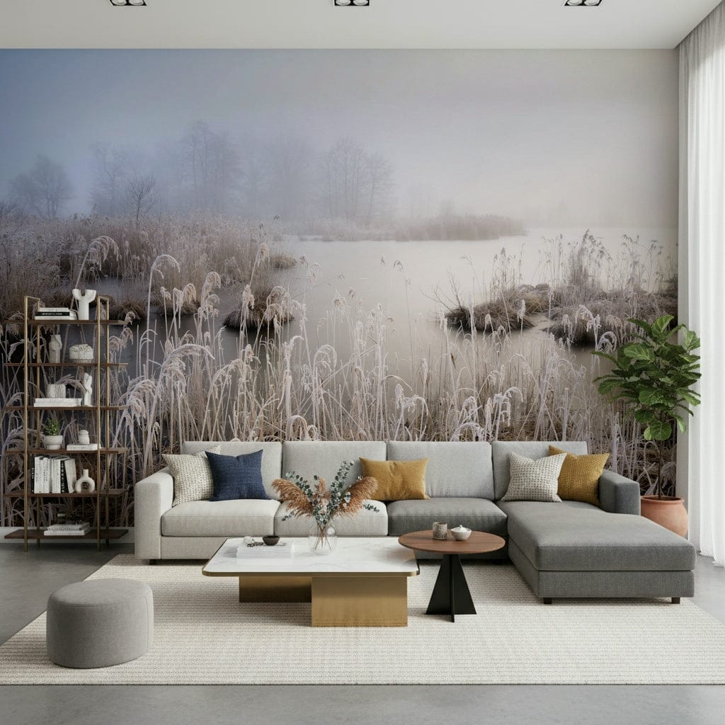 Frosted Dawn peel and stick wallpaper Dreamy landscape, soft blue and white tones.
