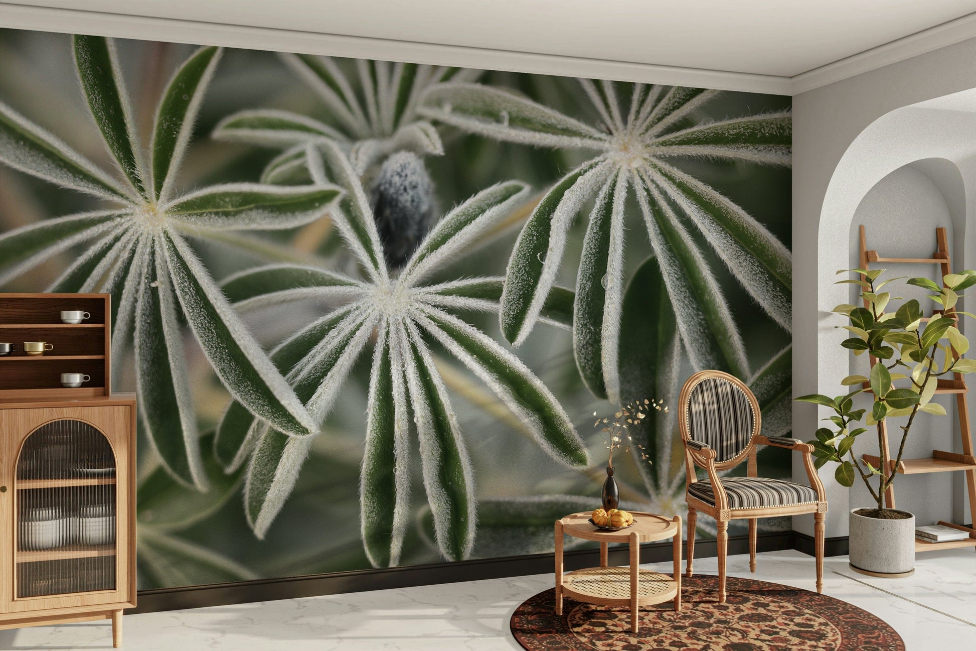 The wallpaper is used as a feature wall in a bedroom.