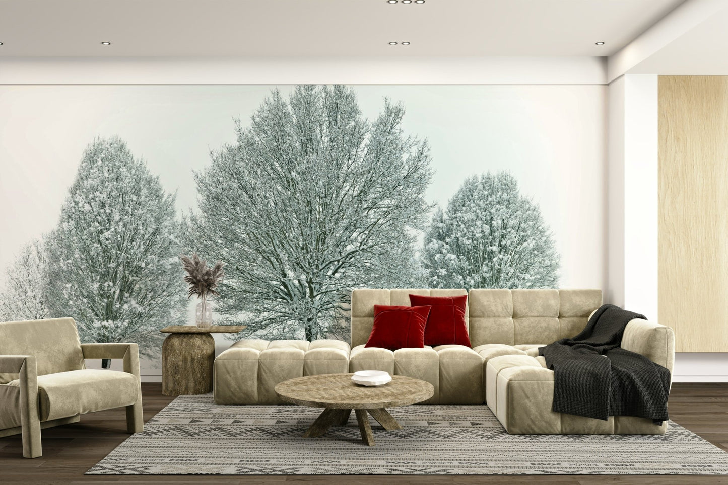 Winter trees with frost and snow wall mural for a serene room.

