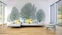 Frosted tree scene wall mural for adding calm winter beauty.

