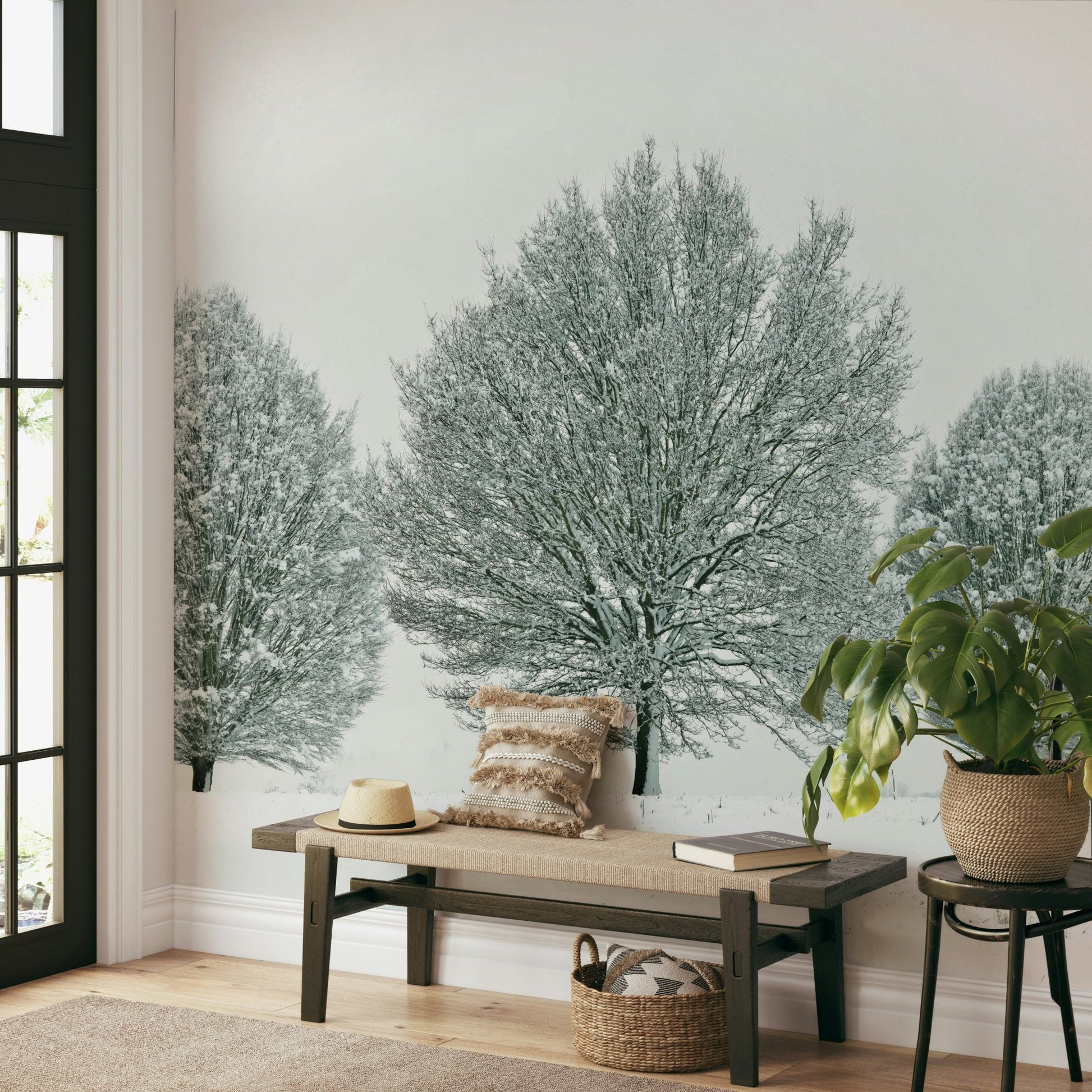 Frosty Trees Wall Mural with snow-covered branches and soft landscape.

