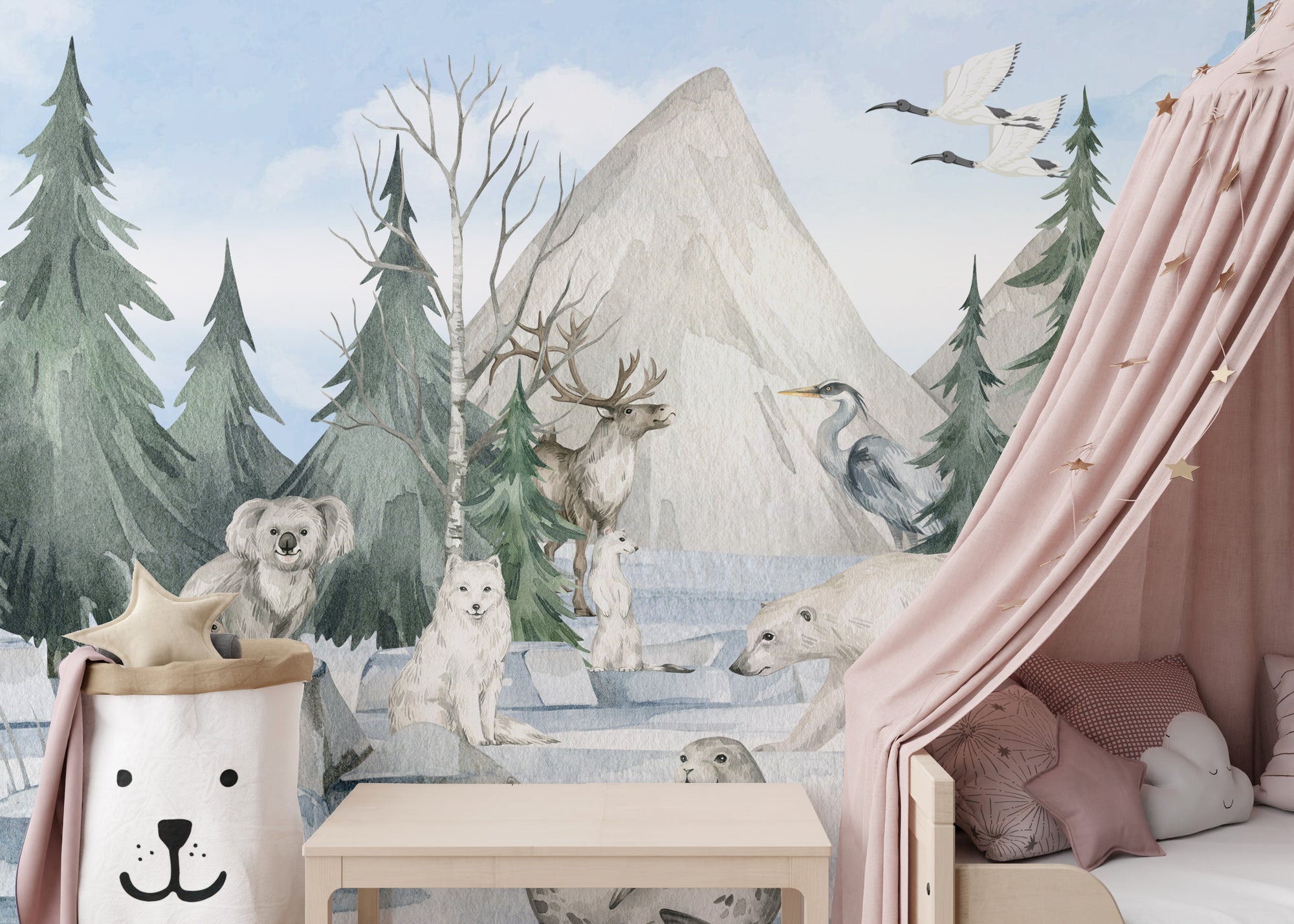 Frozen Frontier Majestic Wildlife mural with watercolor deer, polar bear and koala among snowy pines in a kids room