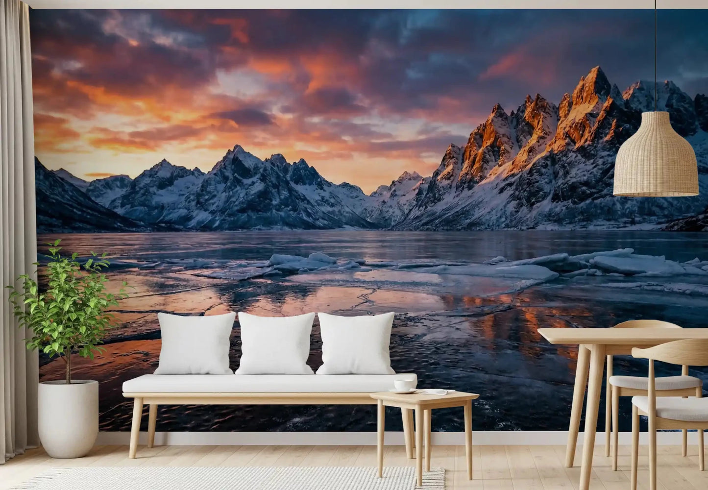 Showcasing Frozen Peaks Fiery Skies scenic mural hallway