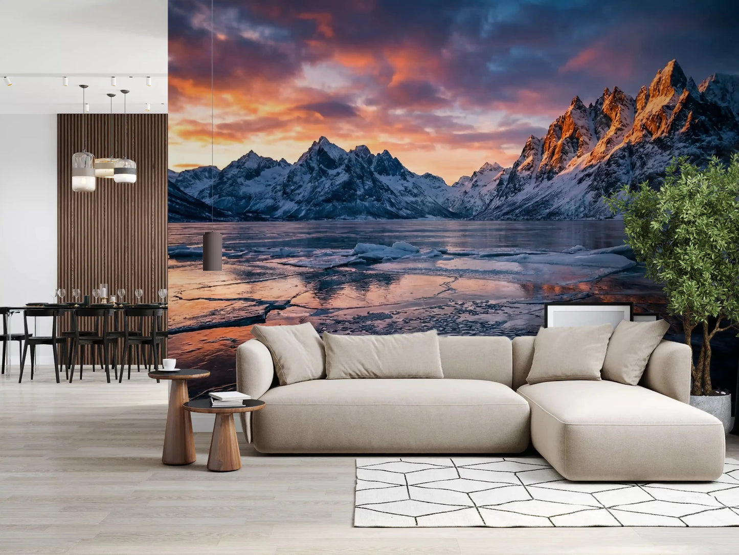 Capturing Frozen Peaks Fiery Skies mural in living room