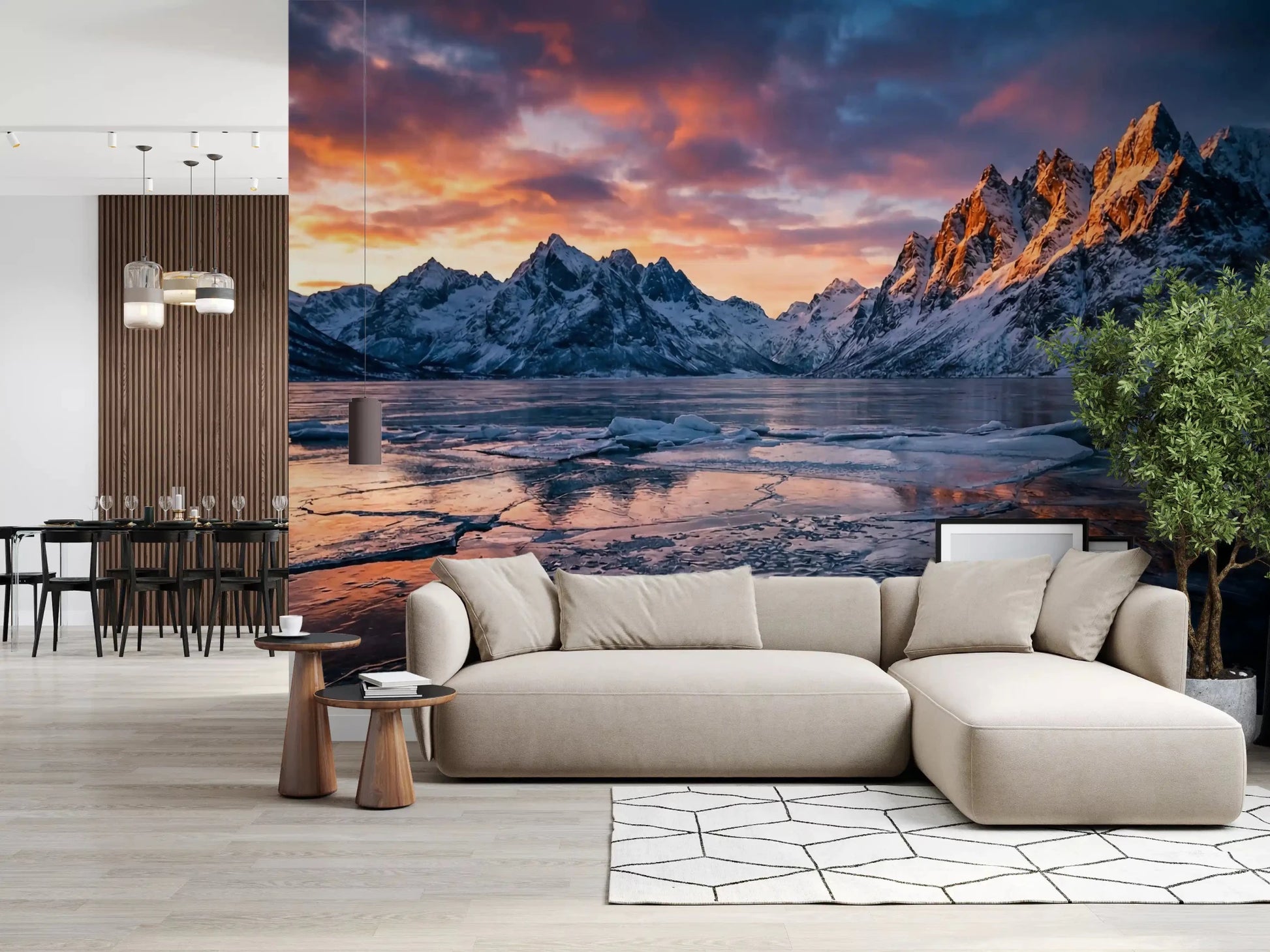 Capturing Frozen Peaks Fiery Skies mural in living room