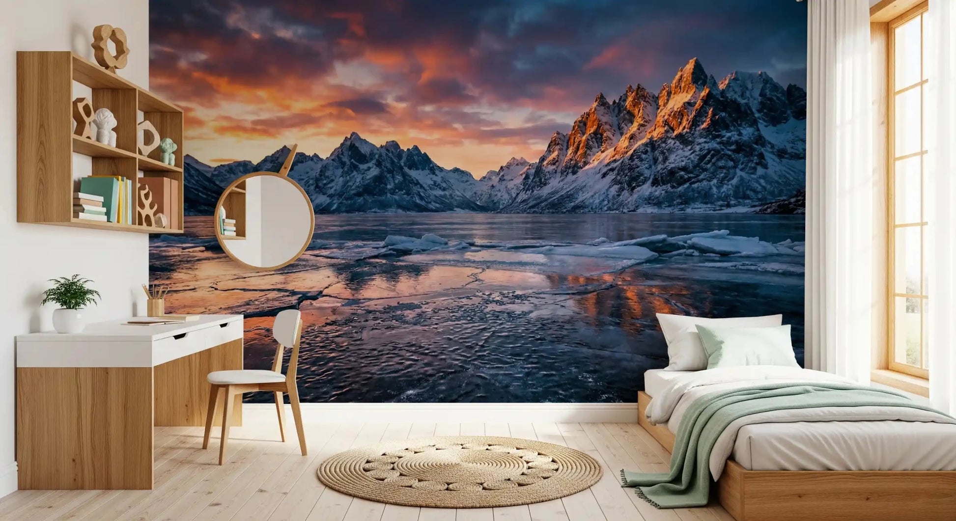 Displaying Frozen Peaks Fiery Skies frozen lake wall mural