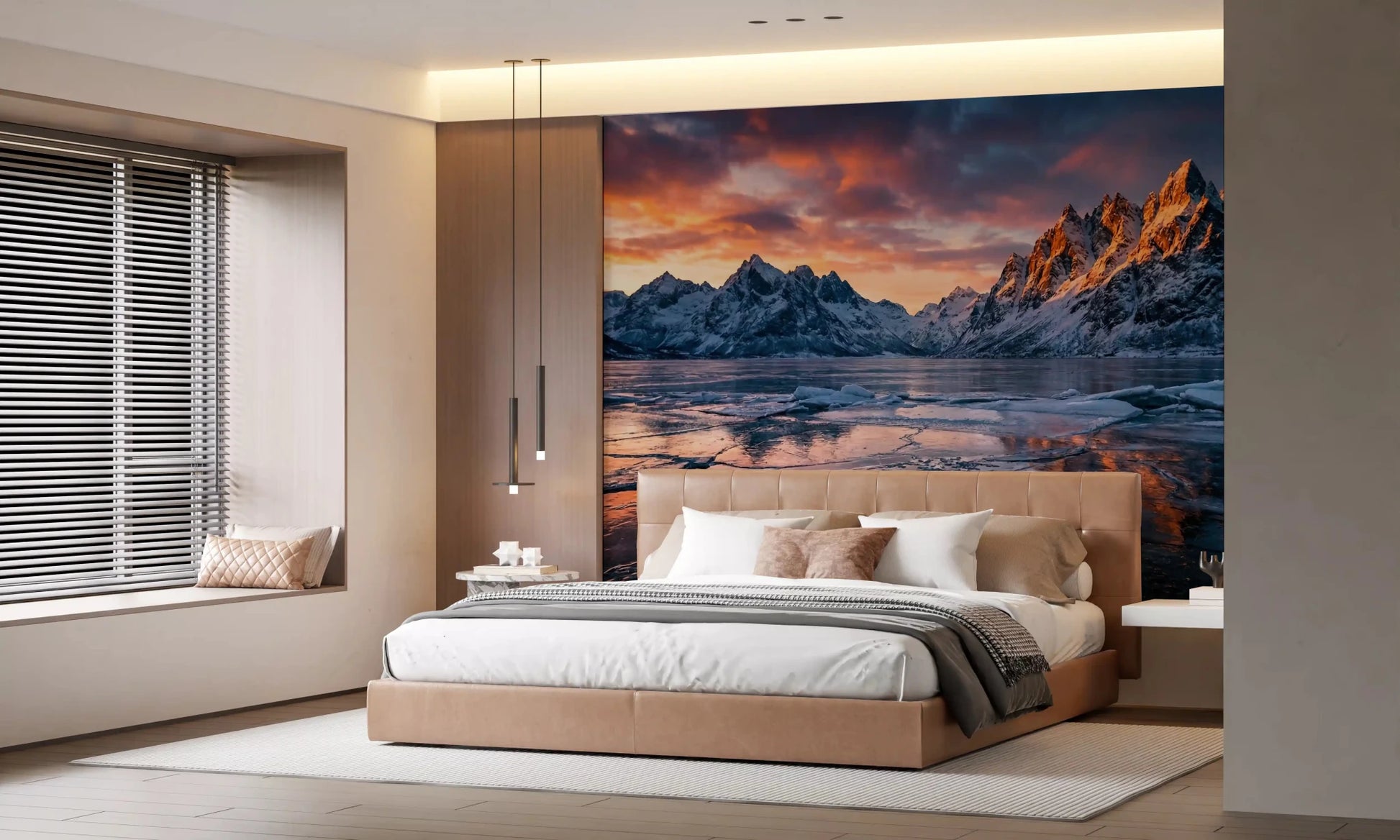 Emphasizing Frozen Peaks Fiery Skies reflection wall mural