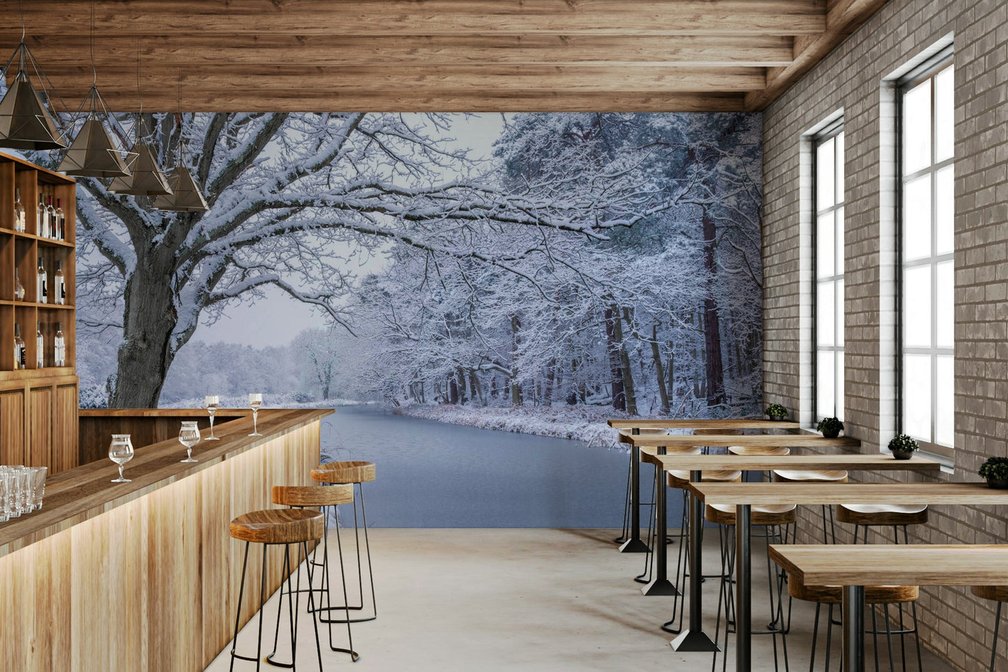Peaceful snowy landscape mural for walls

