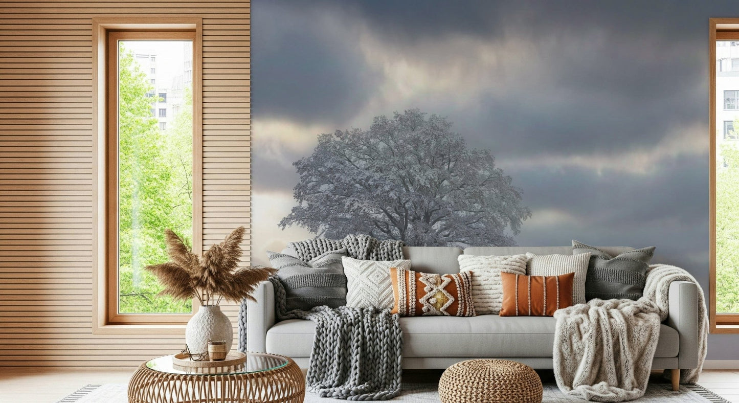 Exquisite Solitaire mural, cloudy sky, vast expanse, minimalist style.