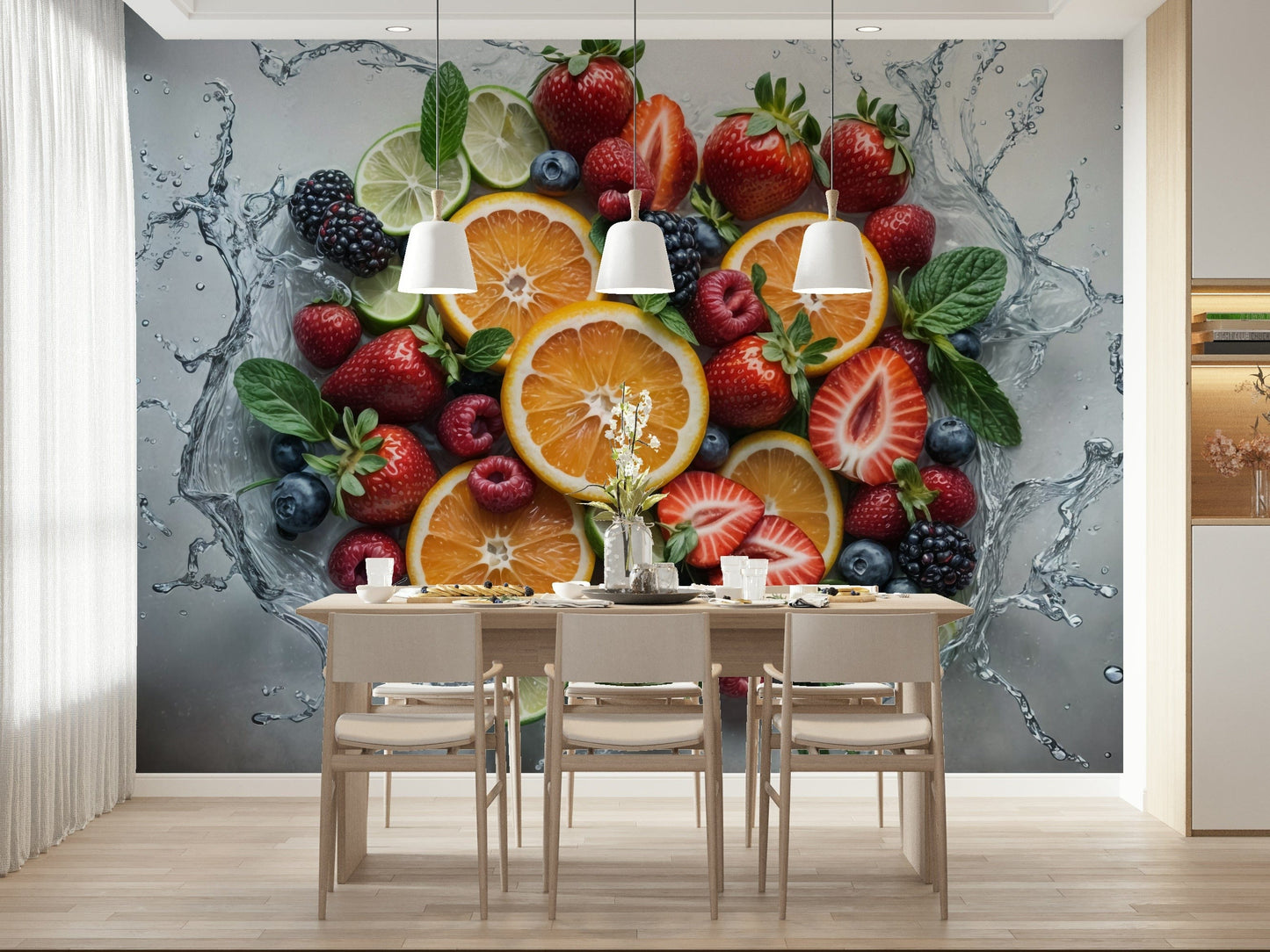 Fresh Splash Wall Mural with blue water droplets in a modern kitchen.