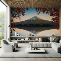 Scenic wall covering, Fuji at Dawn: Autumn View, vibrant fall colors.