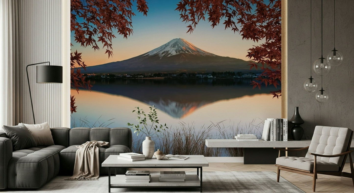 Wall décor Fuji at Dawn: Autumn View, autumnal leaves frame the picture.