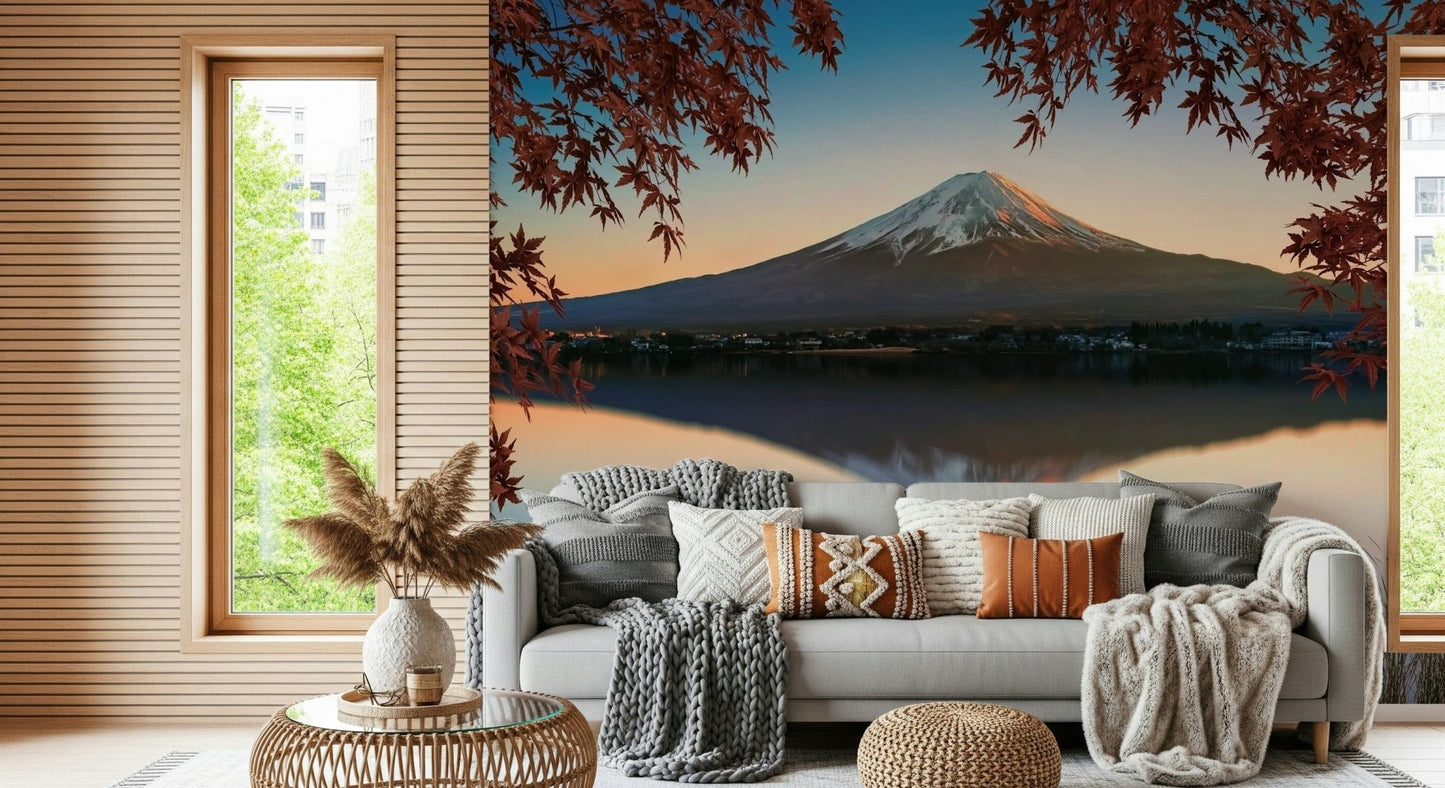 Seasonal wall mural Fuji at Dawn: Autumn View, scenic lake view decor.