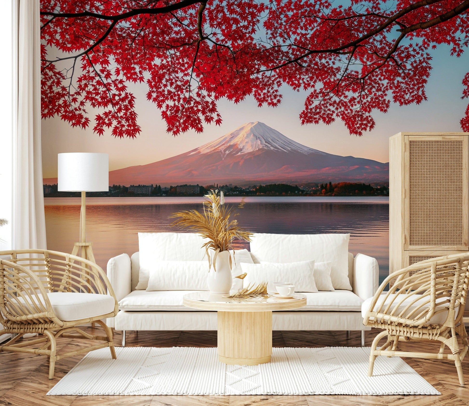 Panoramic azure landscape mural in lounge, soft clouds and sea tones