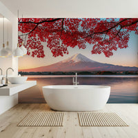 Soft blue horizon mural behind beige sofa, modern apartment wall decor backdrop