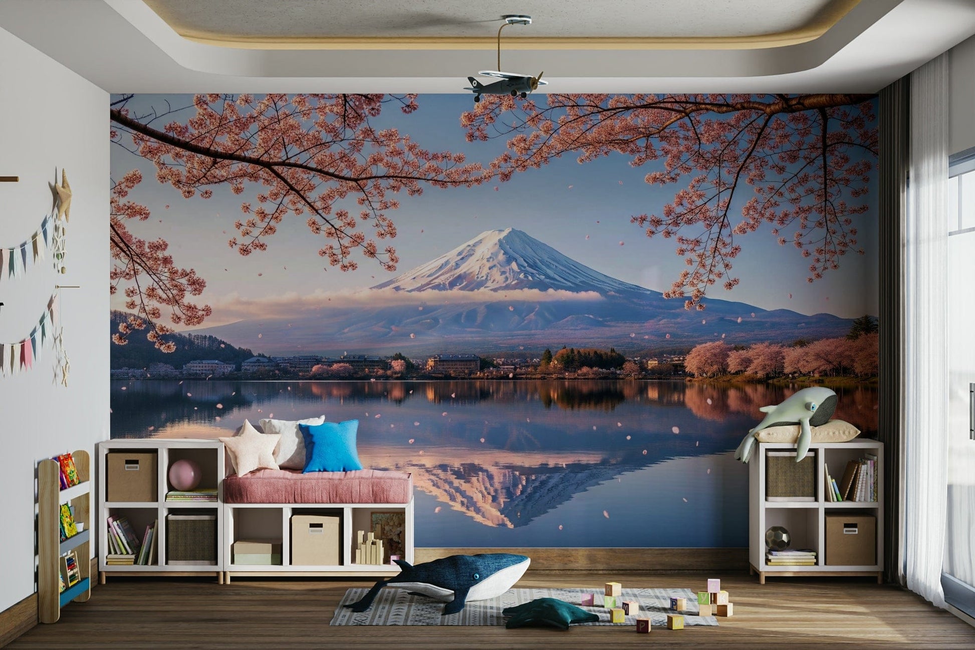 A high-angle view of the wall mural in a large space.