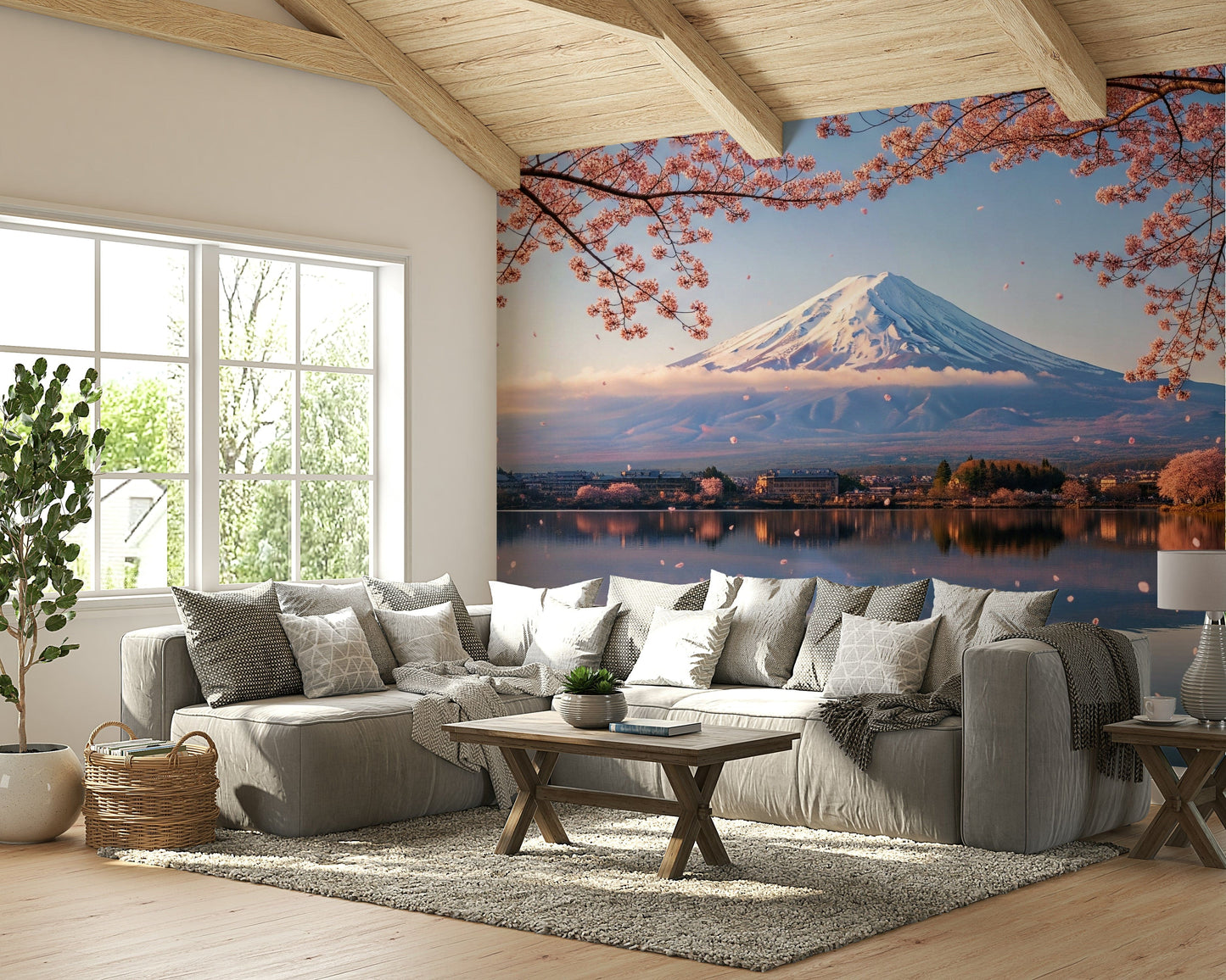 The wallpaper is used as a feature wall in a bedroom.