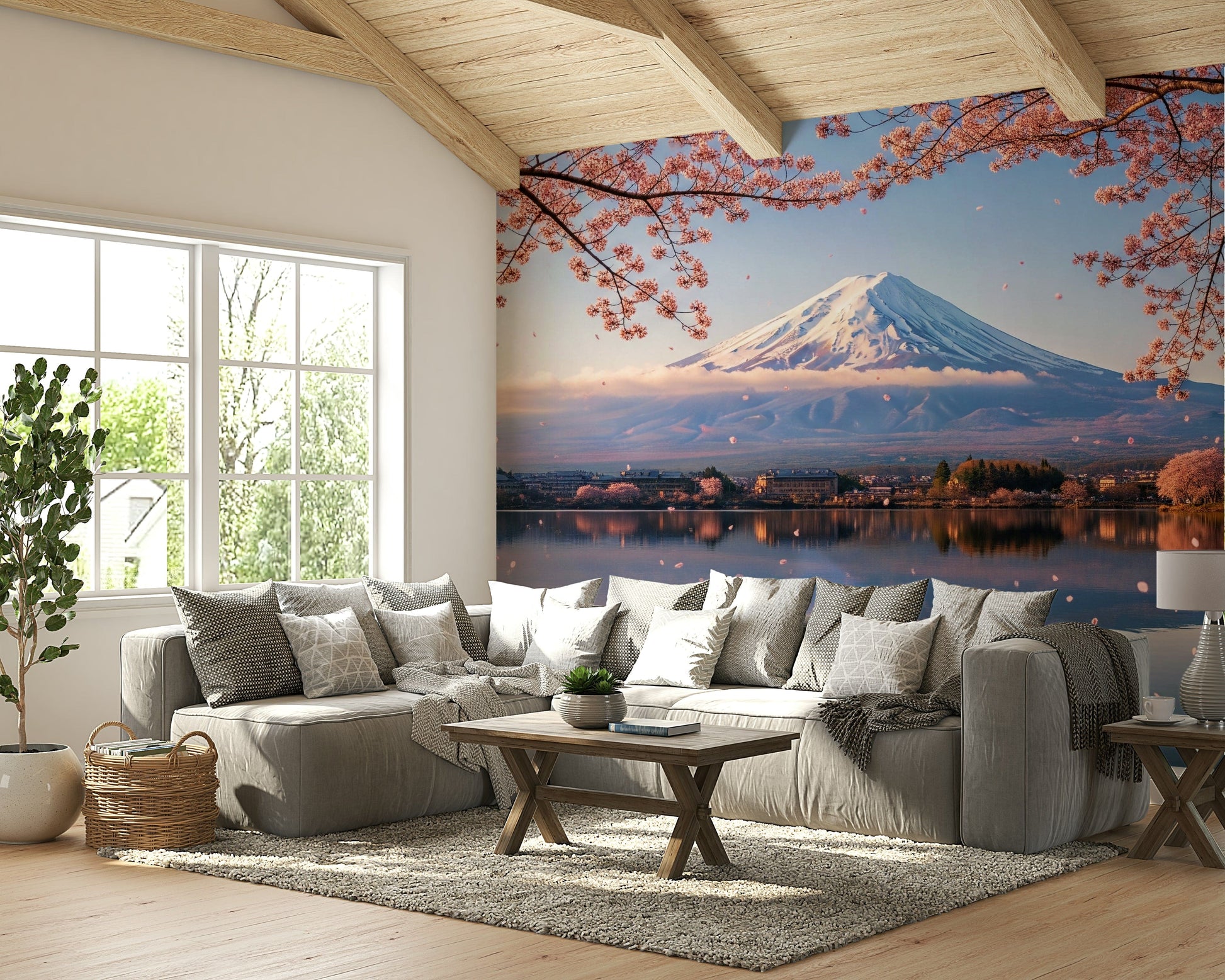 The wallpaper is used as a feature wall in a bedroom.