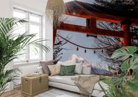 Vibrant orange Fuji Gate Sunbeams decor, torii arch, distant snow capped volcano.