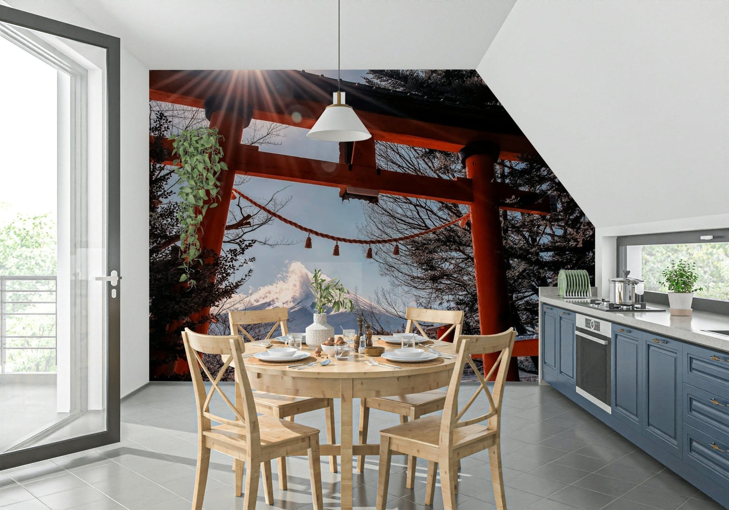Fuji Gate Sunbeams wall decor, powerful sunrays illuminating the mountainside.