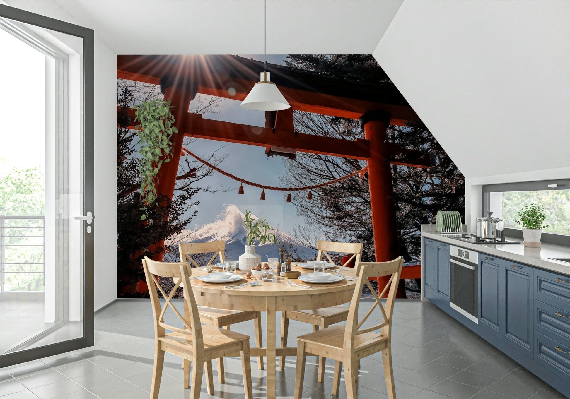 Fuji Gate Sunbeams wall decor, powerful sunrays illuminating the mountainside.
