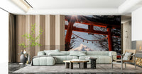 Fuji Gate Sunbeams peel and stick wallpaper, rope detail on shrine gateway.