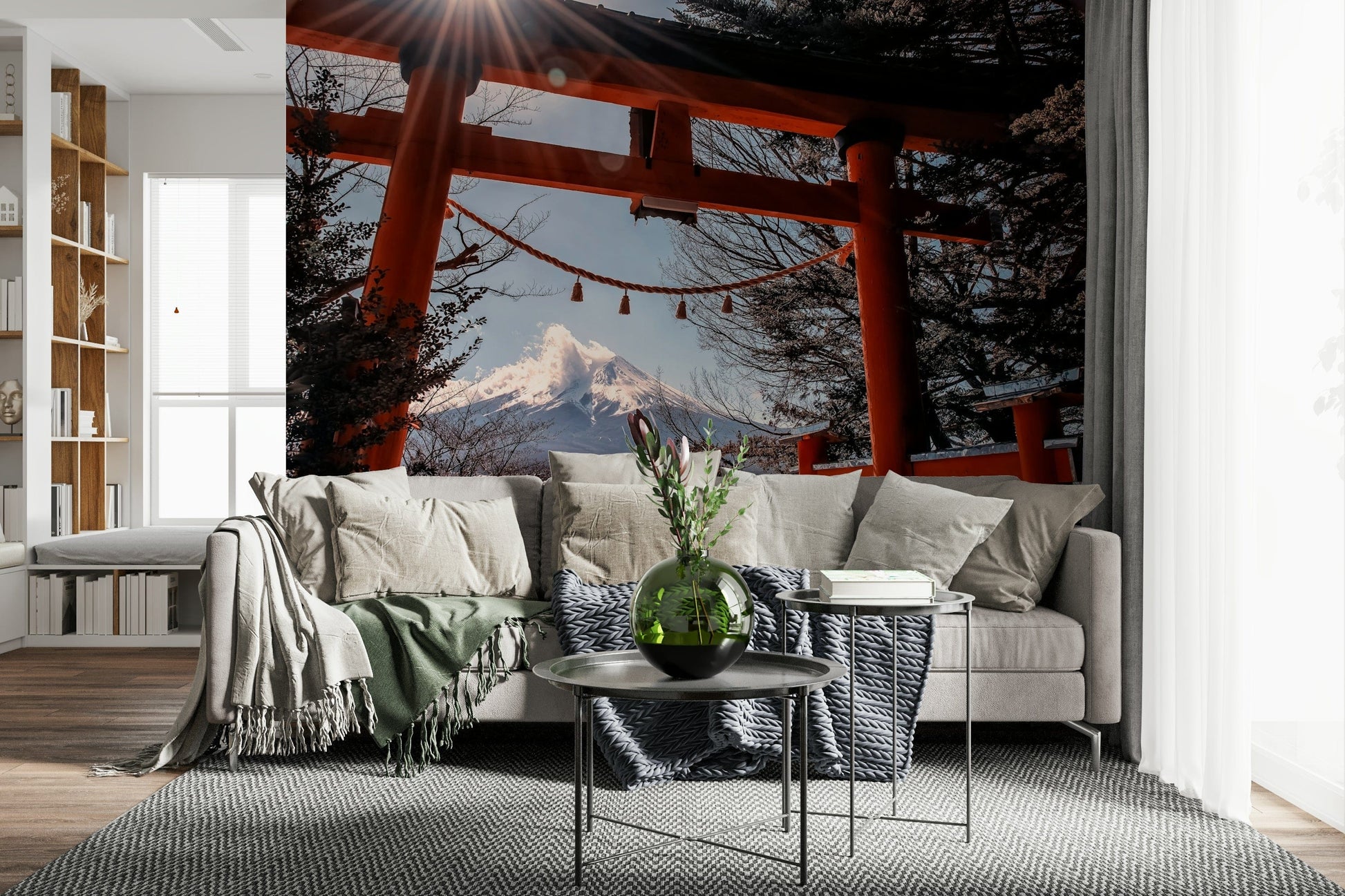Bright Fuji Gate Sunbeams wall sticker, temple architecture framing a volcano.