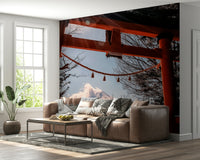 Cultural Fuji Gate Sunbeams print, ancient wooden torii with glorious Fuji.