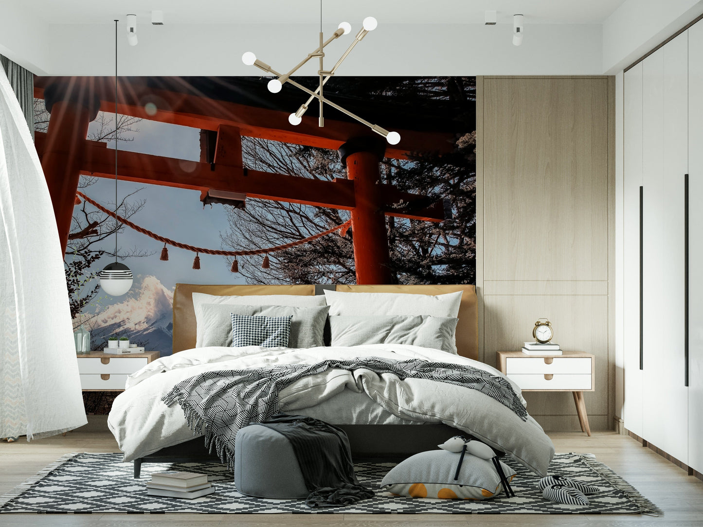 Scenic Fuji Gate Sunbeams wallpaper mural, striking Japanese landscape artwork.