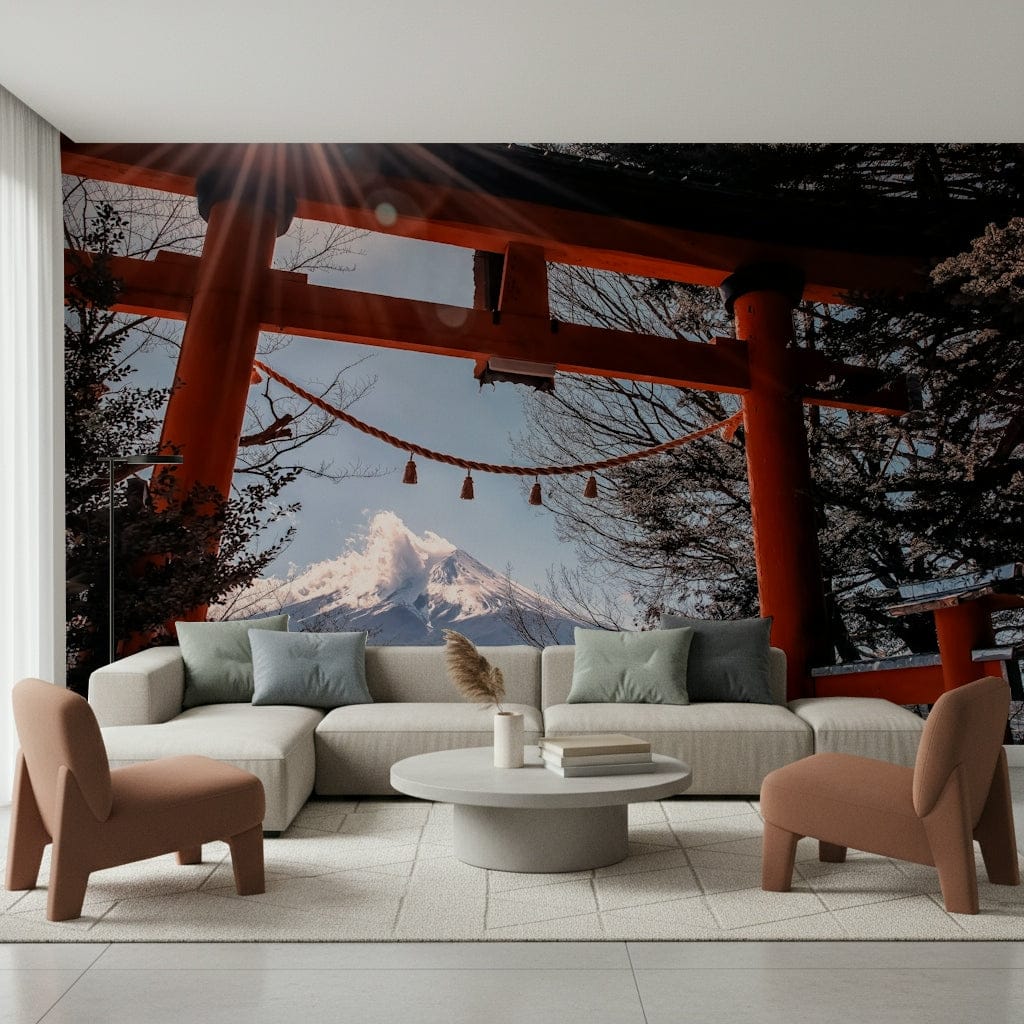 Iconic Fuji Gate Sunbeams wall art, Shinto gate contrasting bright blue sky.