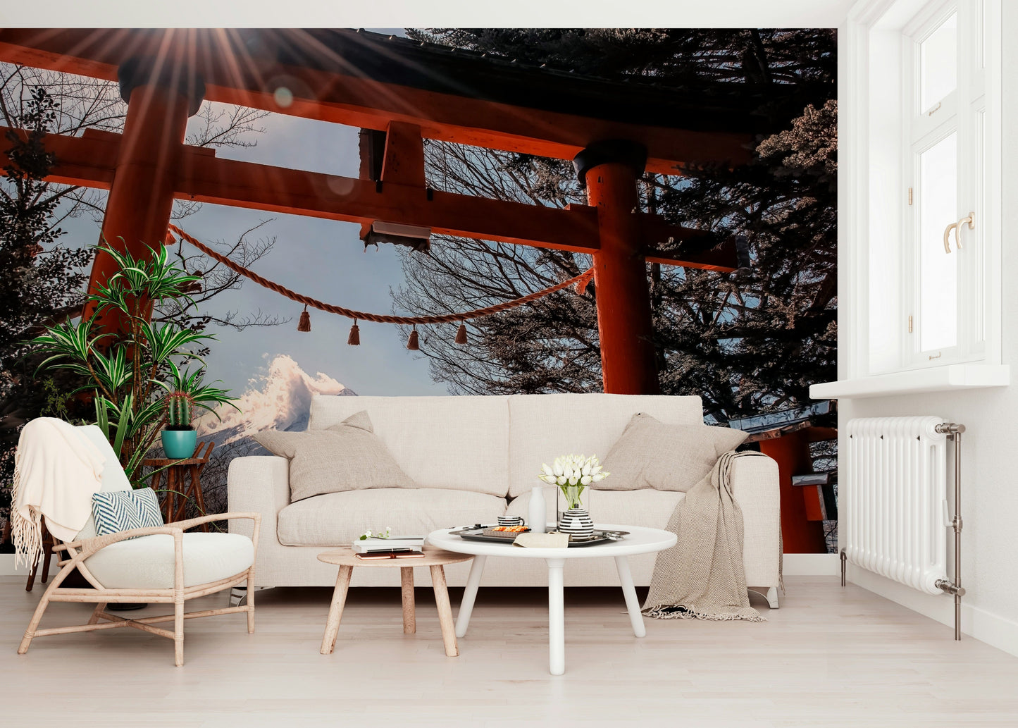 Japanese shrine entrance Fuji Gate Sunbeams wallpaper for walls, stunning mountain view.
