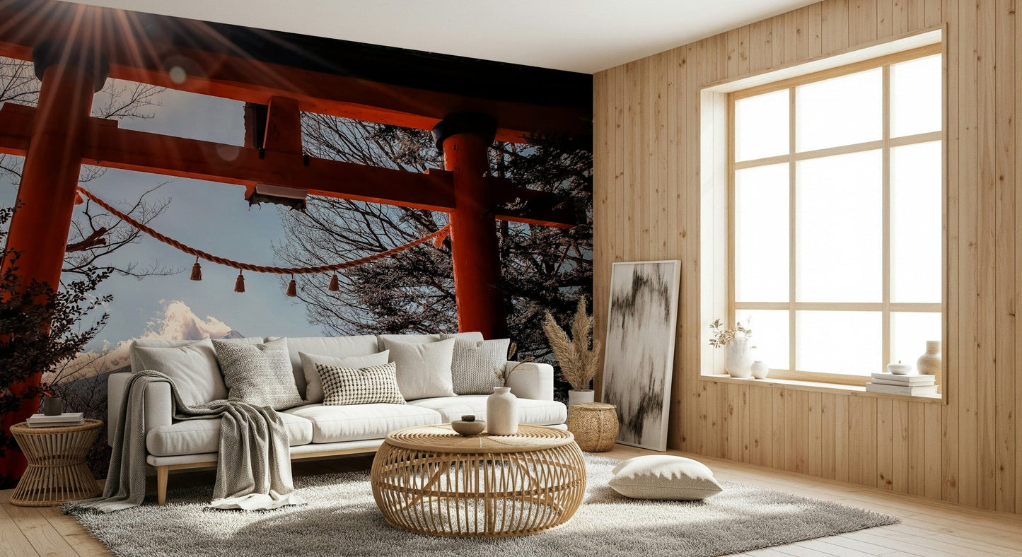 Fuji Gate Sunbeams wall mural, bright orange torii gate, Mount Fuji snow peak.