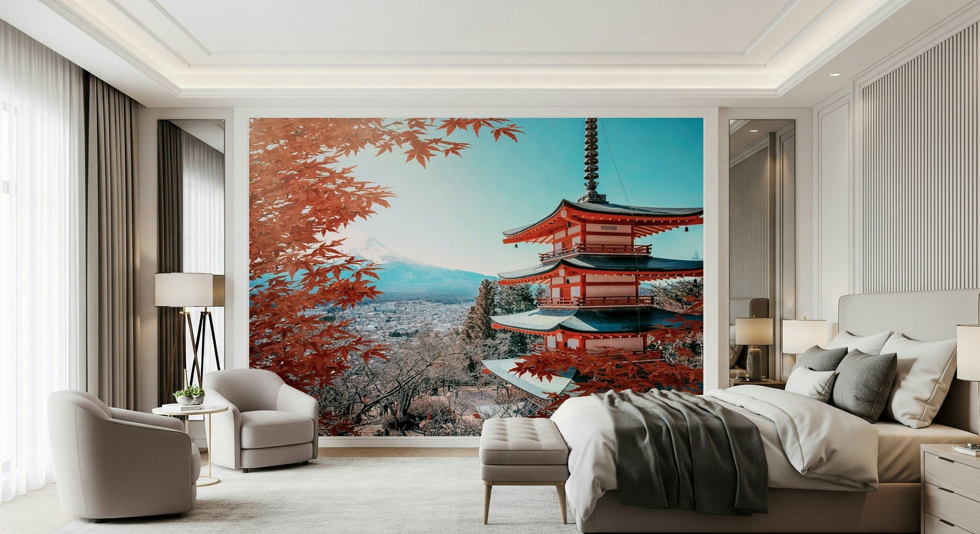 Autumn Mount Fuji mural behind grey couch, warm tones for modern living space