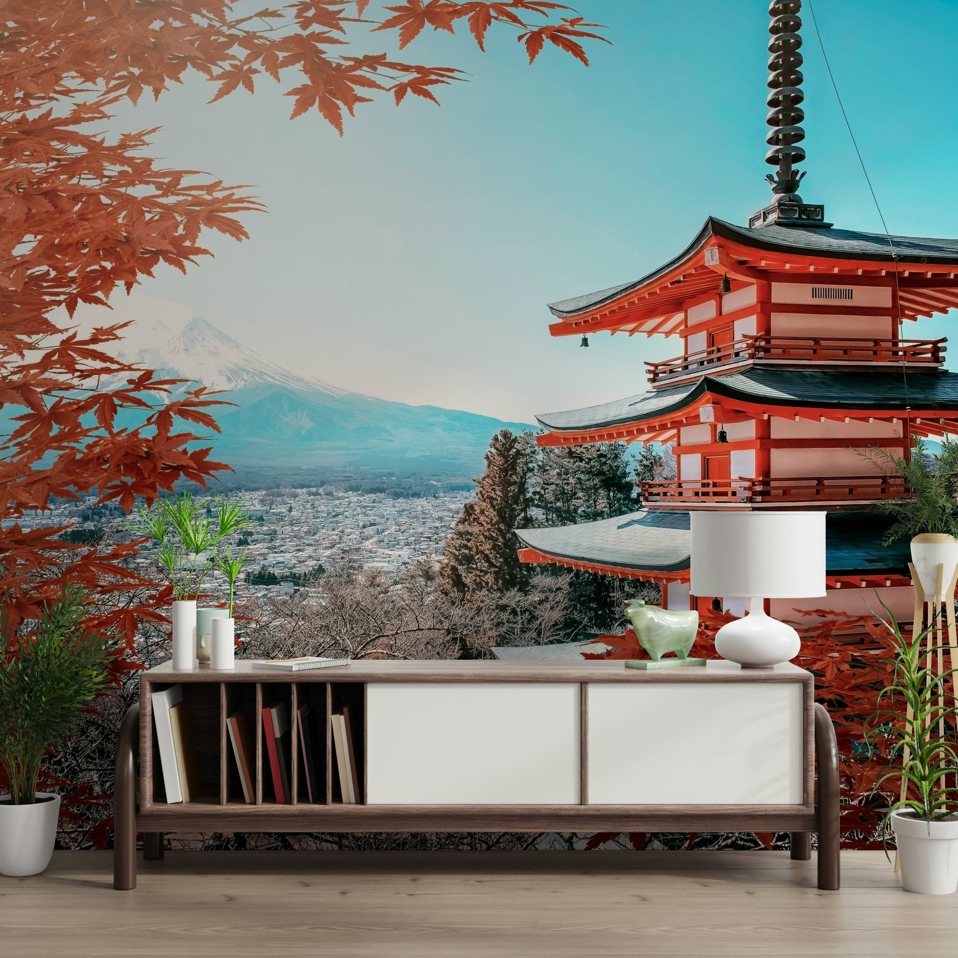 Fuji's Autumn Hues mural in home office, scenic mountain backdrop with warm colours
