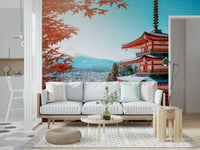 Fuji's Autumn Hues Wall Mural in living space, Mount Fuji with autumn colours feature wall