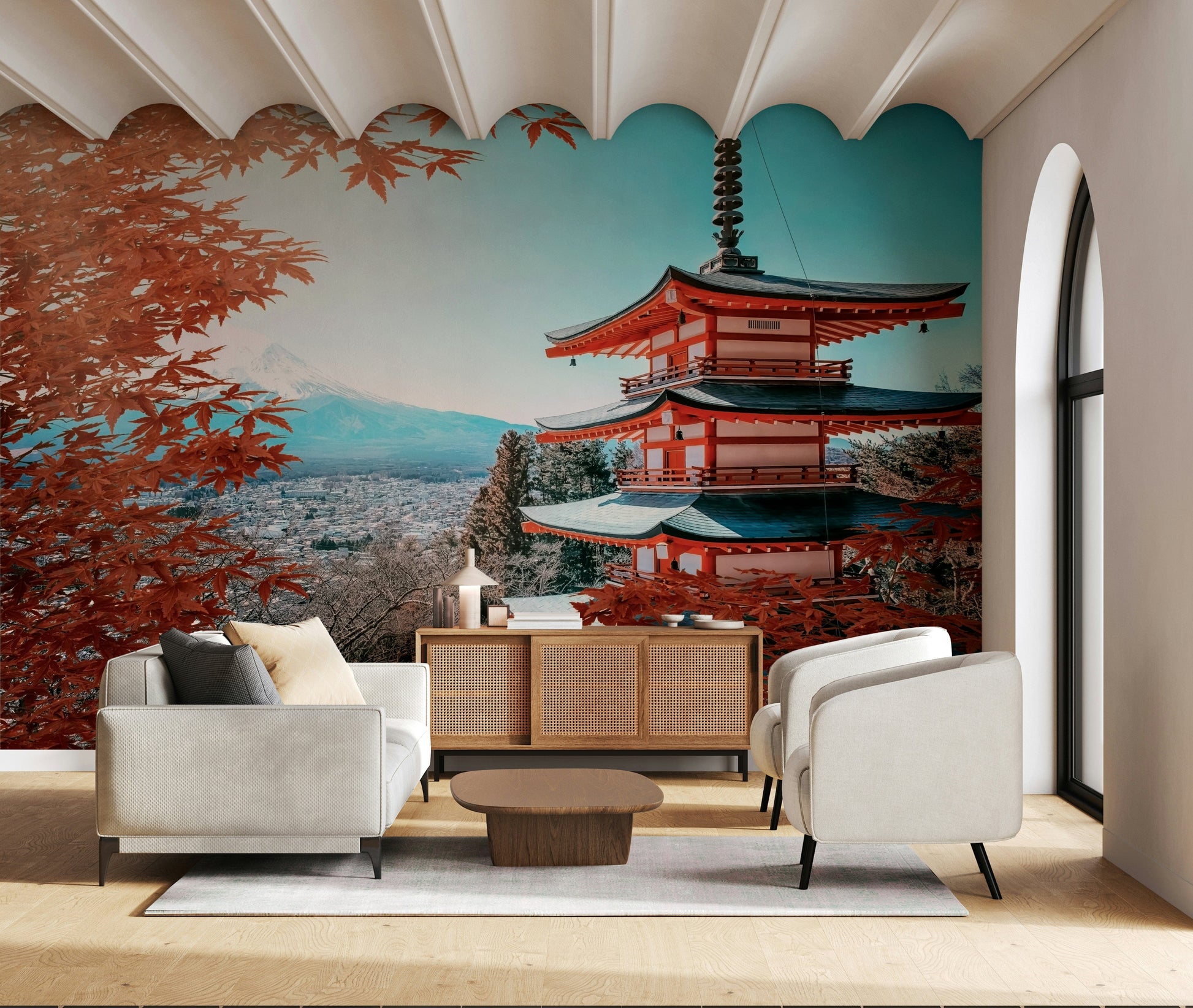 Mount Fuji autumn mural behind sofa, warm reds and oranges for modern home styling