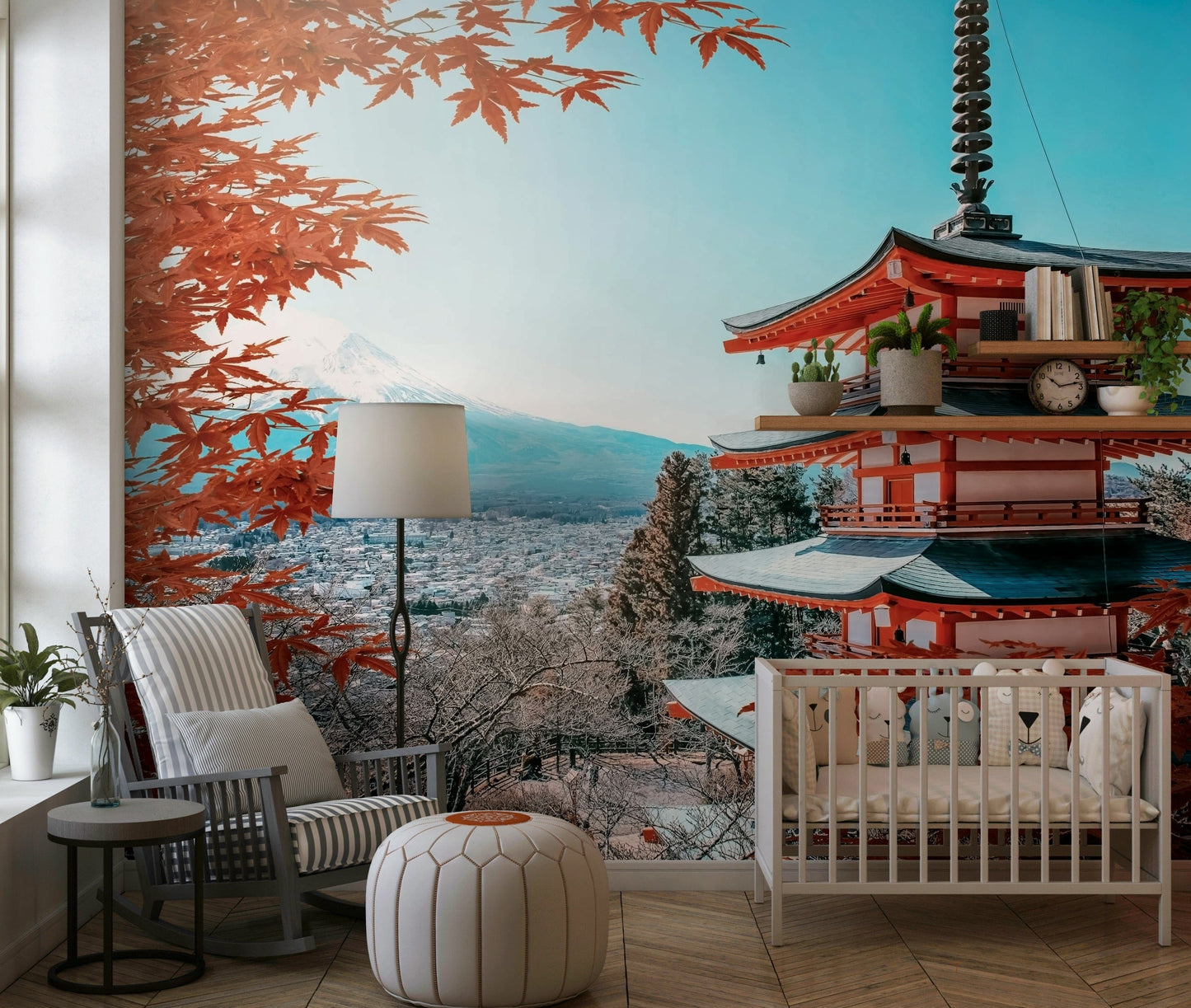 Fuji fall scene wall mural in reading nook, calm mountain view with autumn leaves