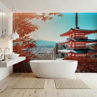 Fuji fall landscape wallpaper in bedroom, autumn trees and calm sky above headboard
